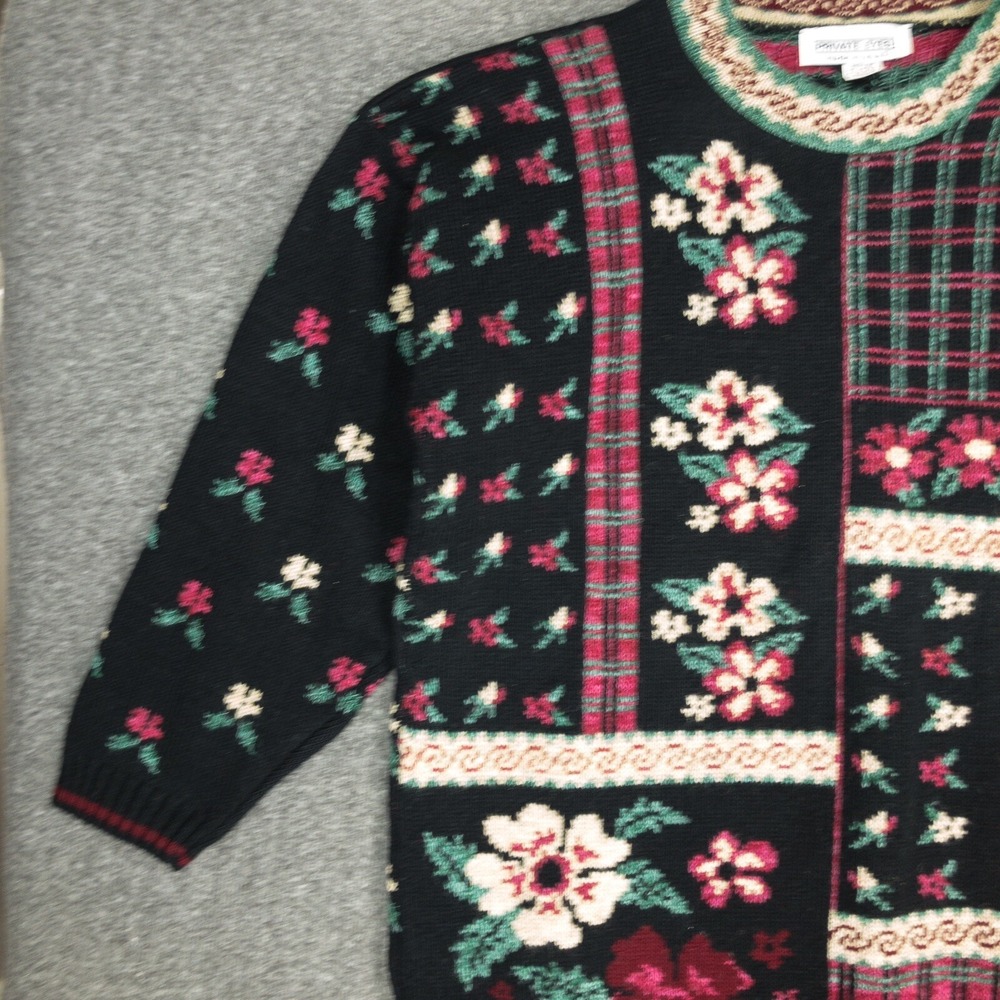 Vintage Private Eyes Sweater Black Floral Tunic Women's Size XL Cottagecore 80s - Picture 4 of 11